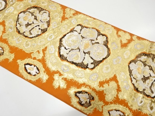 JAPANESE KIMONO / ANTIQUE FUKURO OBI / SILK / WOVEN FLORAL CREST